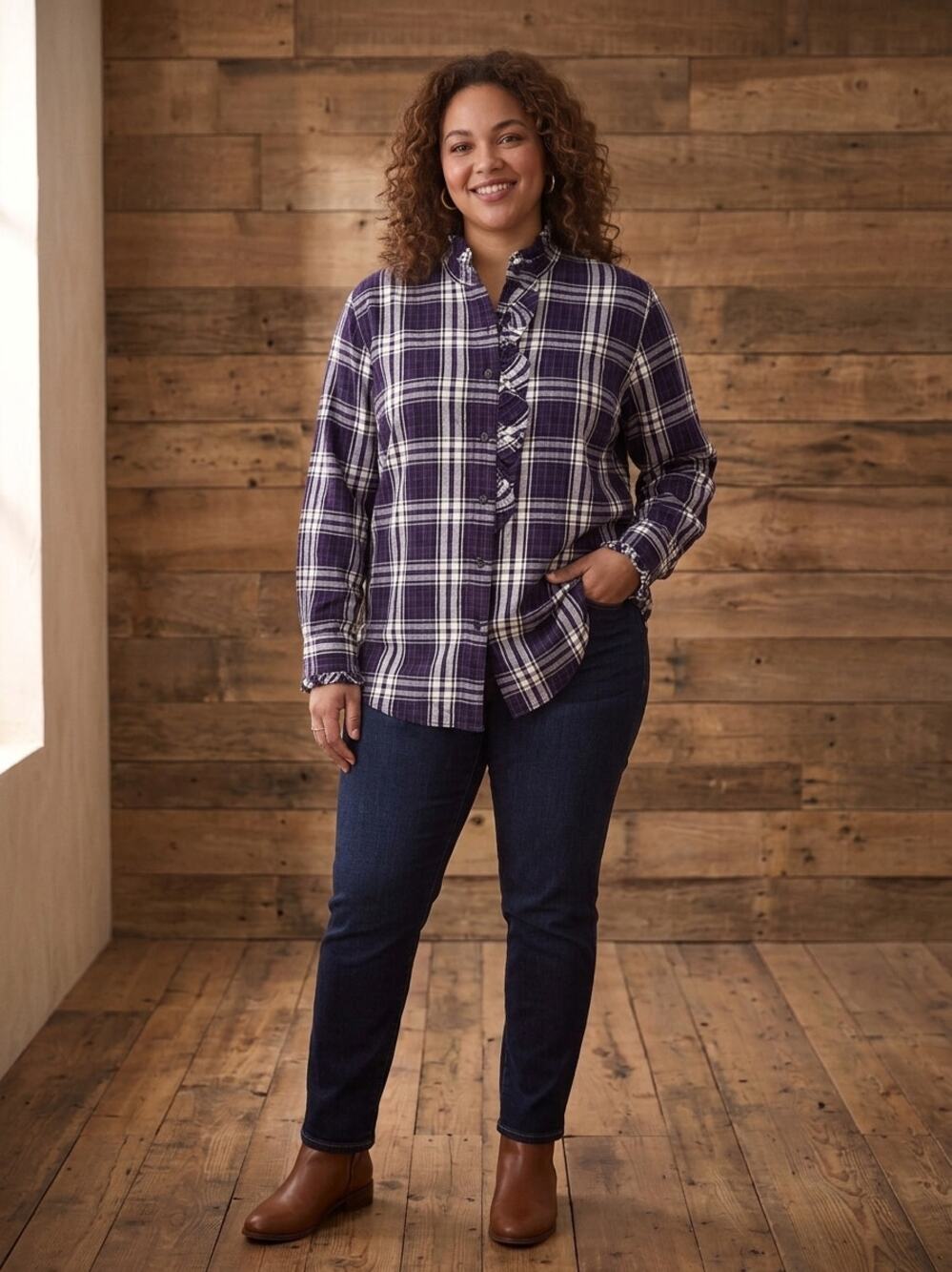 LRL Lauren Jeans Co Purple Plaid 100% Cotton Ruffle Front Shirt Womens XL